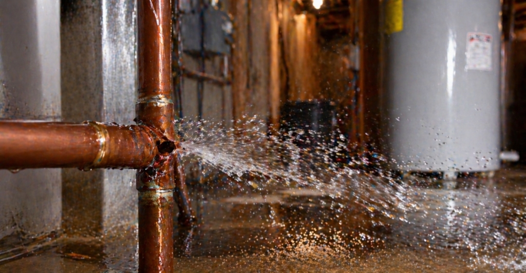 Burst pipe spraying water showing emergency plumbing situation requiring immediate action