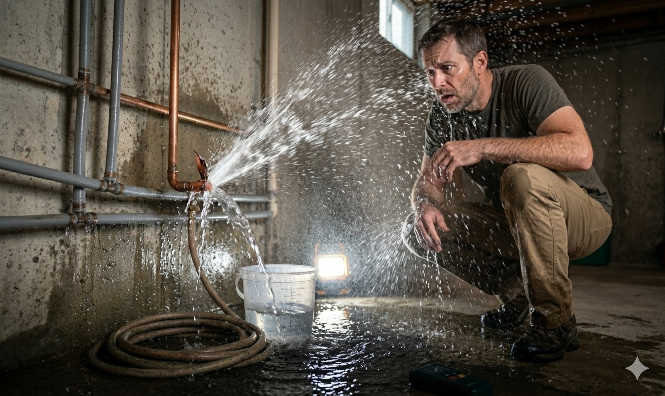 Burst pipe spraying water showing emergency plumbing situation requiring immediate action