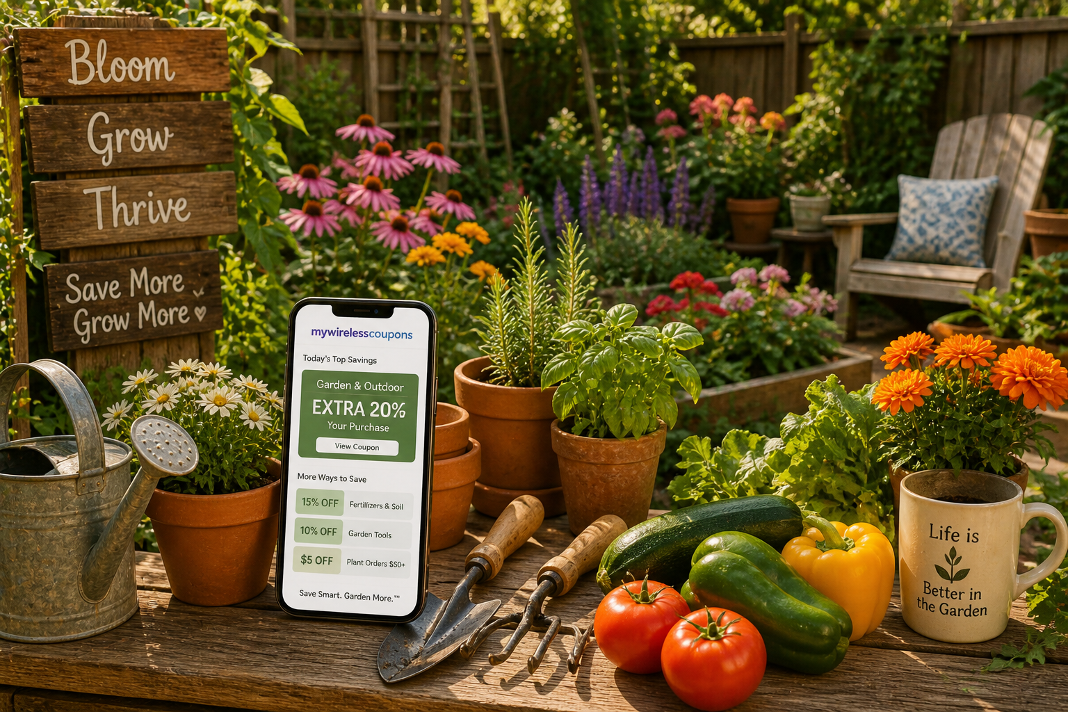 Beautiful home garden showcasing plants and supplies purchased using mywirelesscoupons garden savings strategies