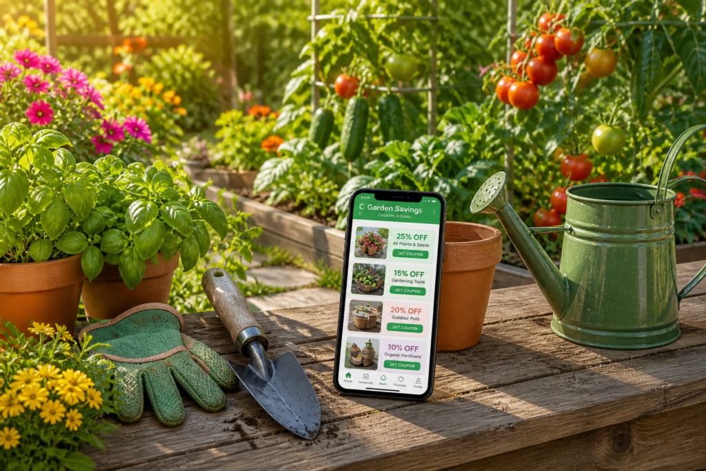 Beautiful home garden showcasing plants and supplies purchased using mywirelesscoupons garden savings strategies