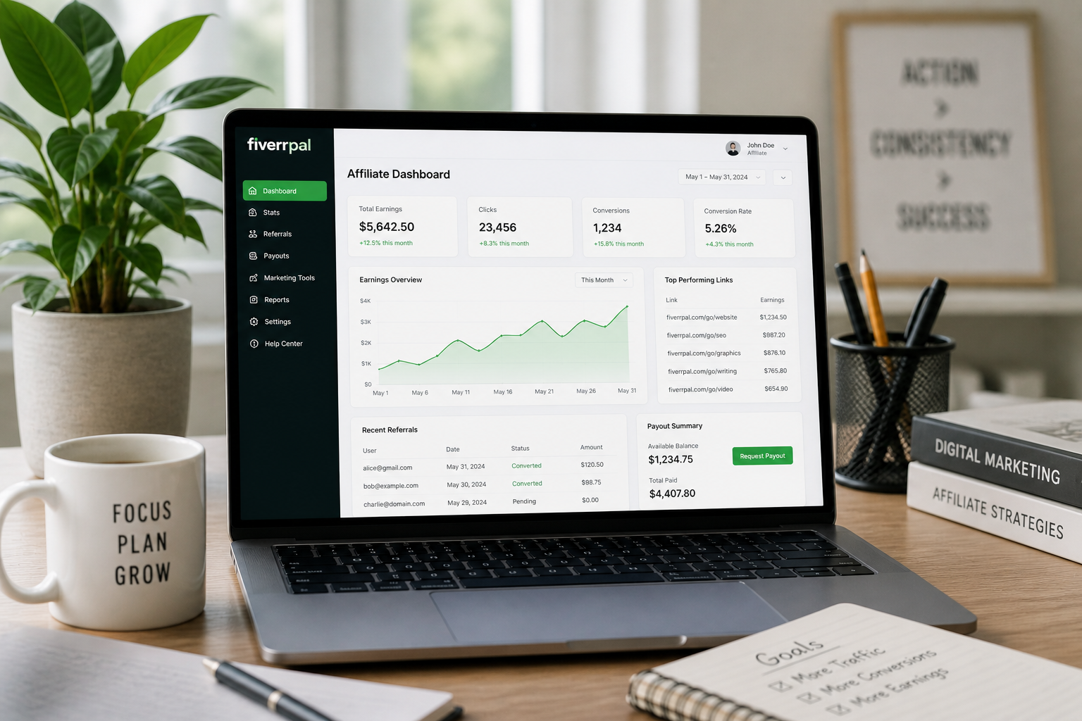 Laptop screen showing fiverrpal affiliate marketing dashboard with performance metrics and earnings data