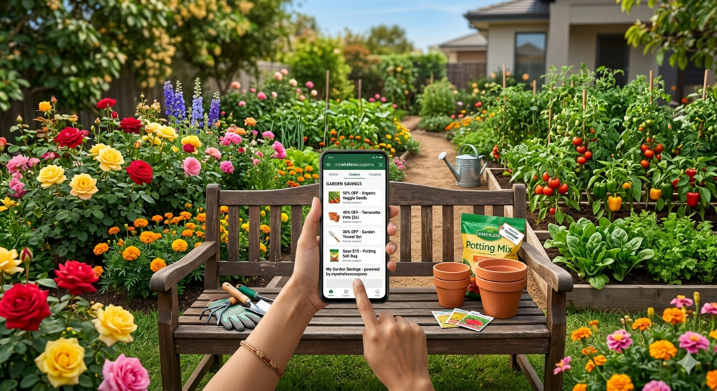 Beautiful home garden showcasing plants and supplies purchased using mywirelesscoupons garden savings strategies