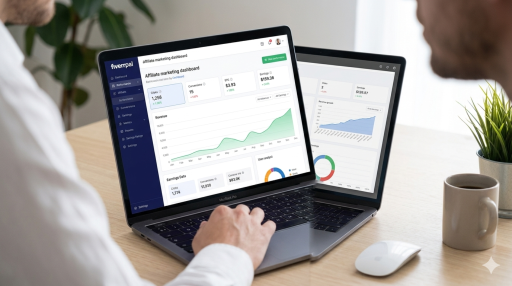 Laptop screen showing fiverrpal affiliate marketing dashboard with performance metrics and earnings data